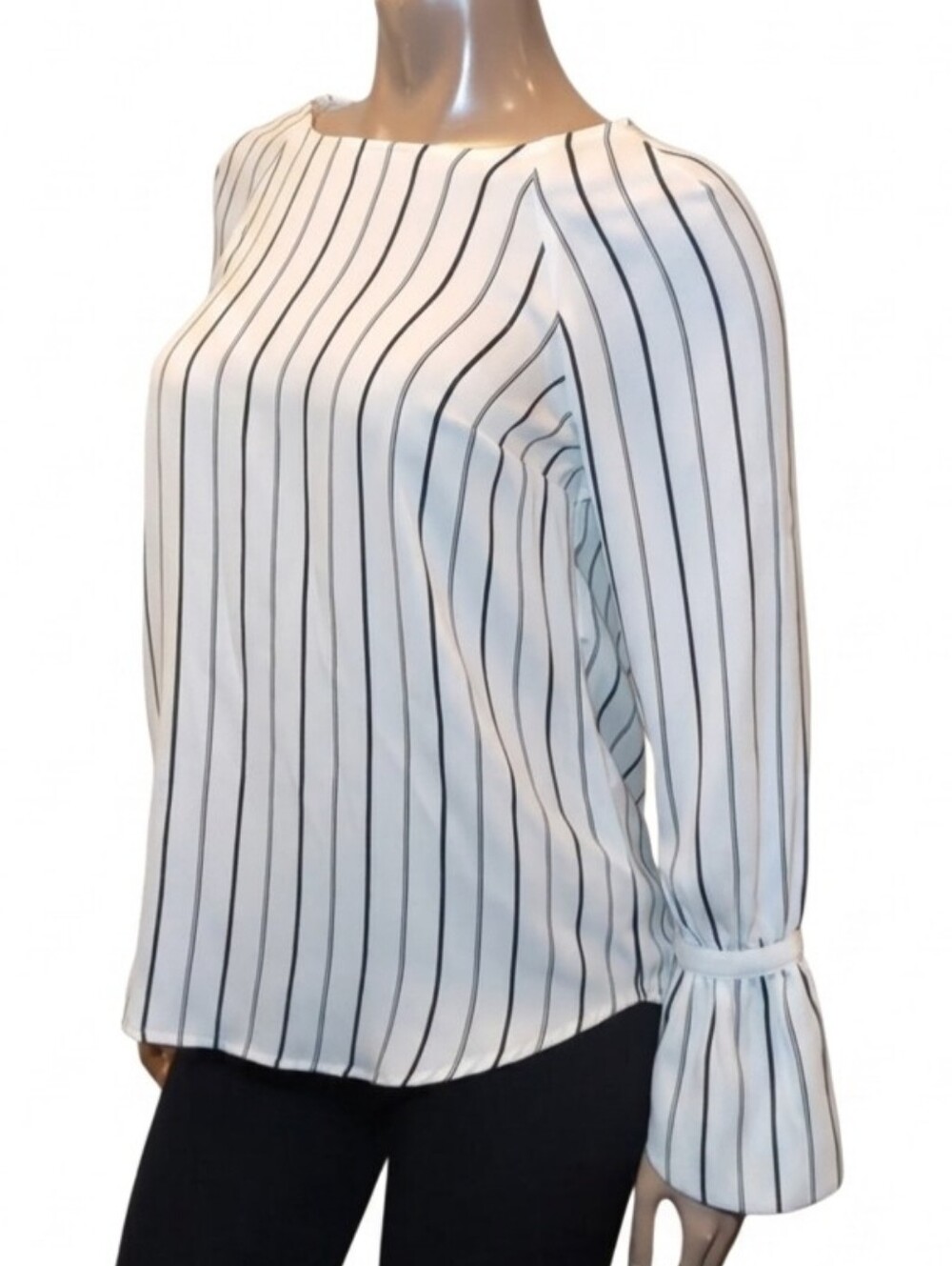 Dalia Striped Blouse Ribbon Long Bell Sleeve Pinstripe Top Flowy Keyhole Small